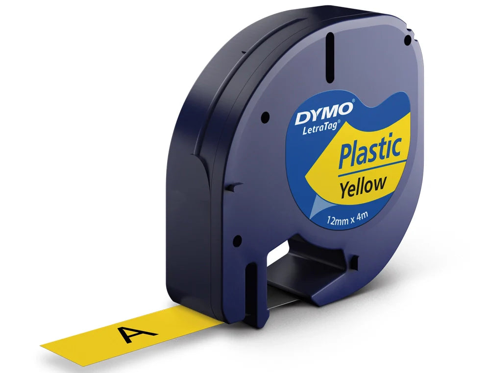 Rolo de gravar Dymo Letratag plástico 12mmx4mt preto/amarelo 91202 S0721620