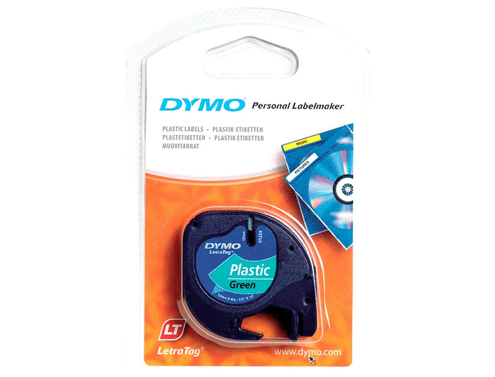 Rolo de gravar Dymo Letratag plástico 12mmx4mt preto/verde 91204 S0721640
