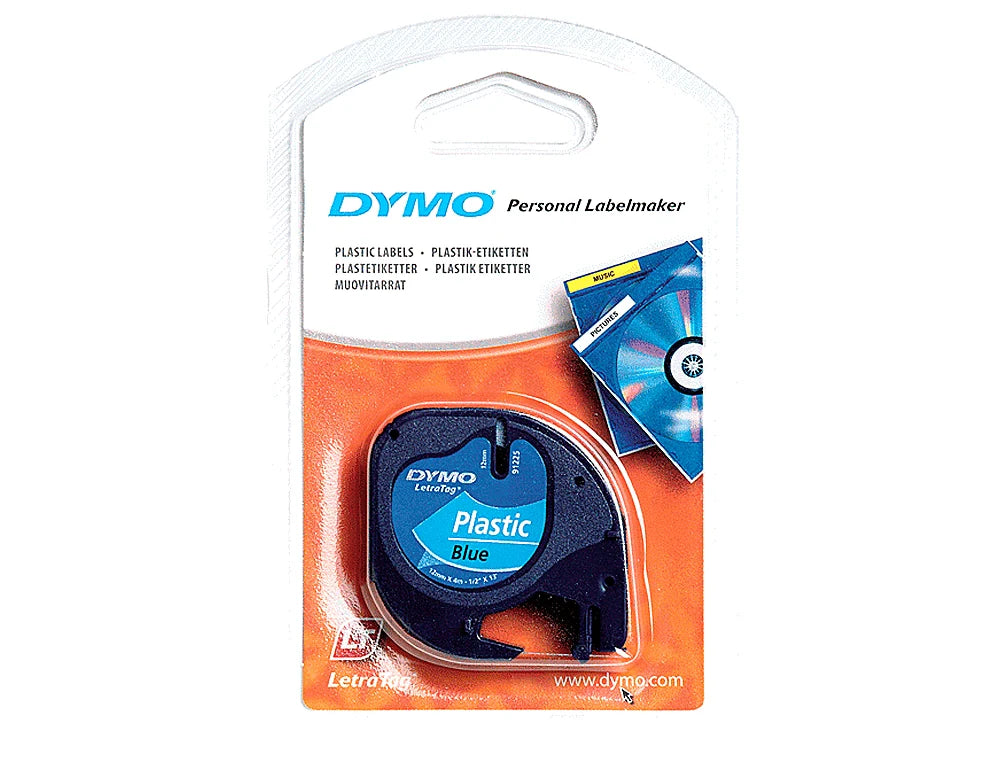Rolo de gravar Dymo Letratag plástico 12mmx4mt preto/azul 91225 S0721650