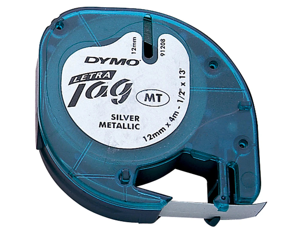 Rolo de gravar Dymo Letratag plástico 12mmx4mt preto/prata 91208 S0721730