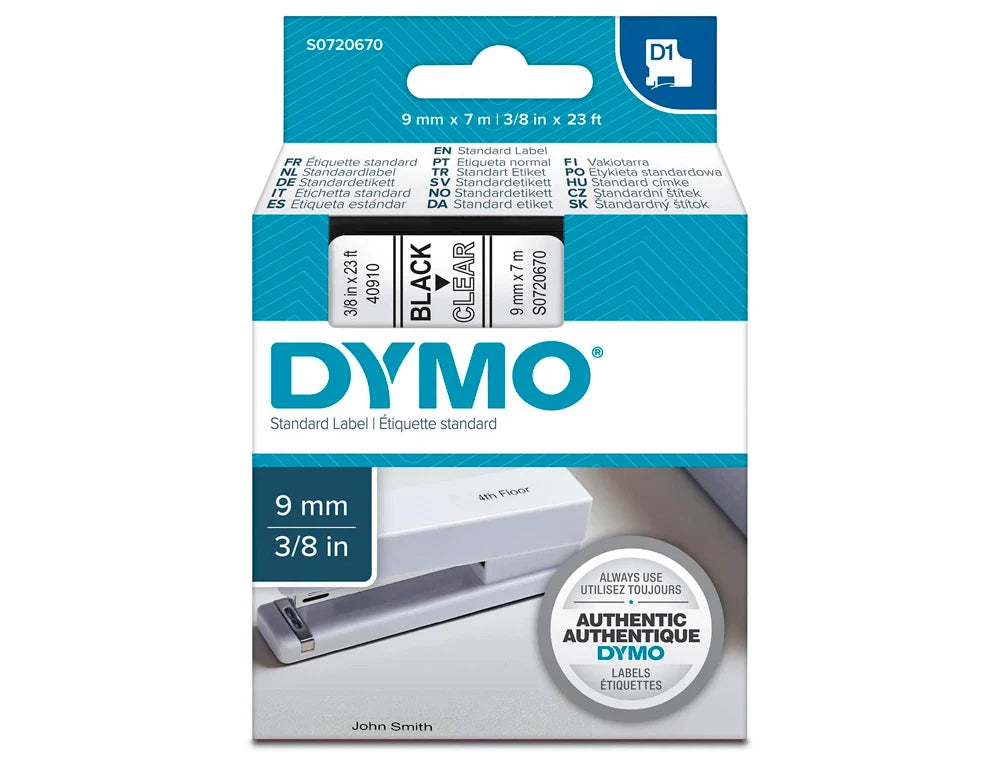 Rolo de gravar Dymo D1 poliester 9mmx7mt preto/transparente 40910 S0720670