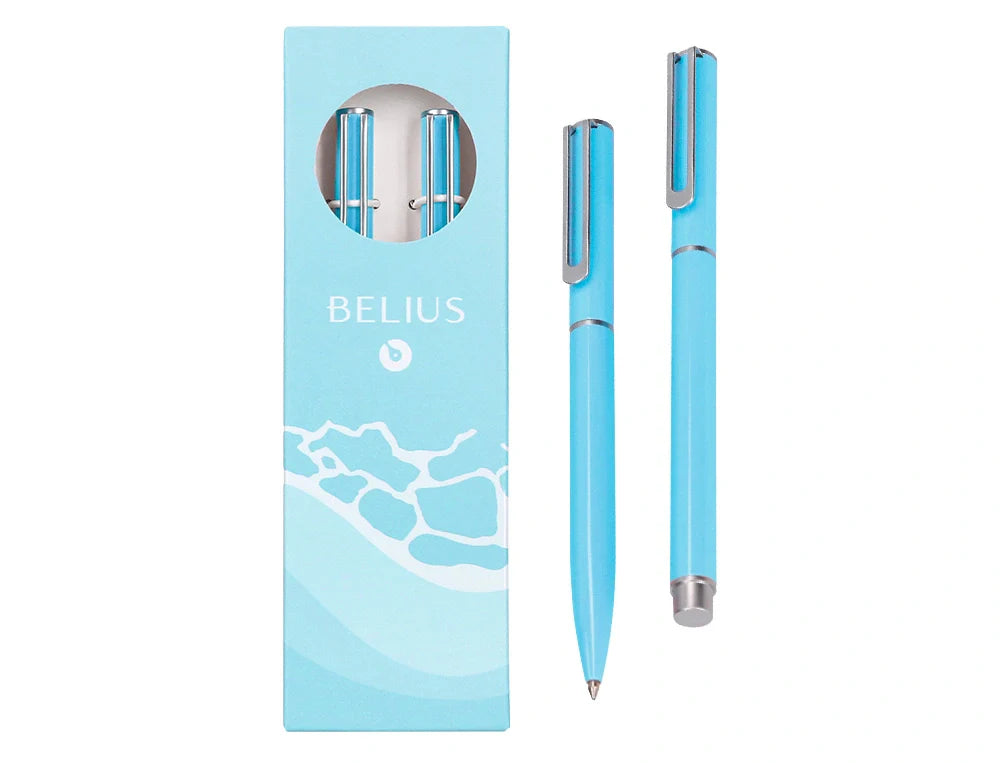 Conjunto esferográfica e roller Belius Endless Summer em estojo celeste