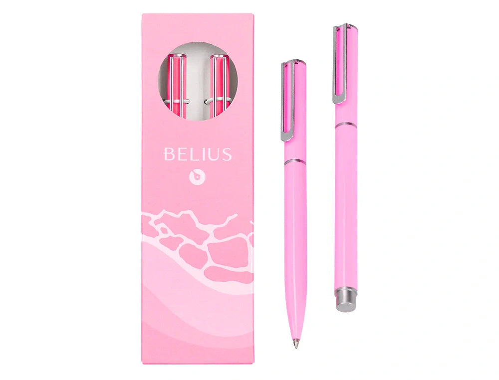Conjunto esferográfica e roller Belius Endless Summer em estojo rosa
