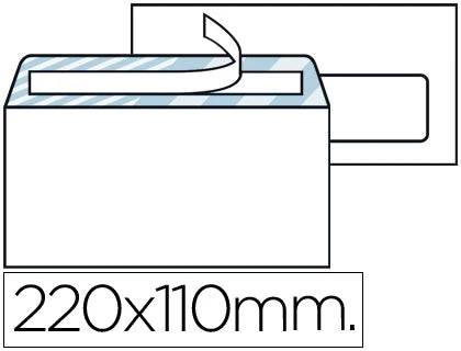 Envelope branco DL 110x220mm com tira de silicone autocolante, com janela em caixa de 500 unidades