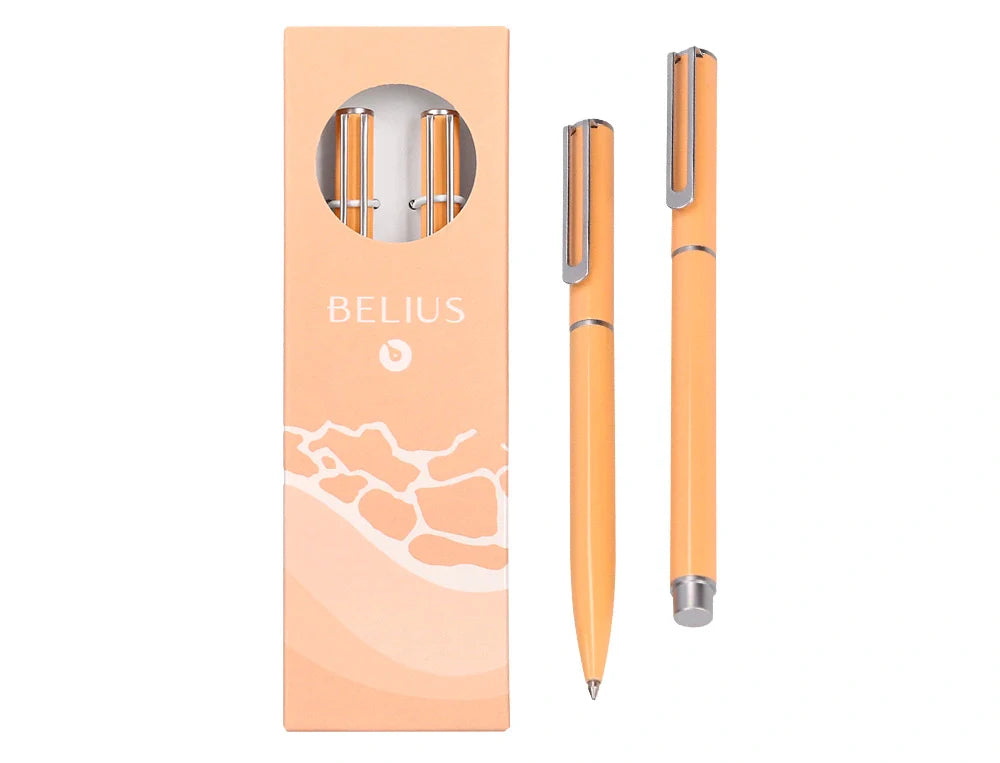 Conjunto esferográfica e roller Belius Endless Summer em estojo laranja pastel