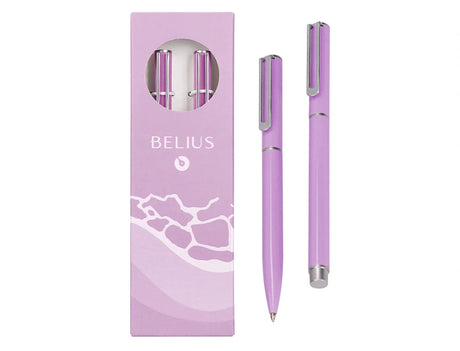 Conjunto esferográfica e roller Belius Endless Summer em estojo lilás